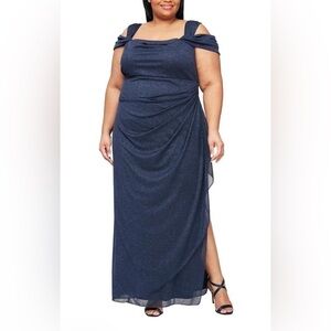 Nwt Alex Evenings Cold Shoulder Glitter Mesh Dress with Draped Skirt & Cowl Neck